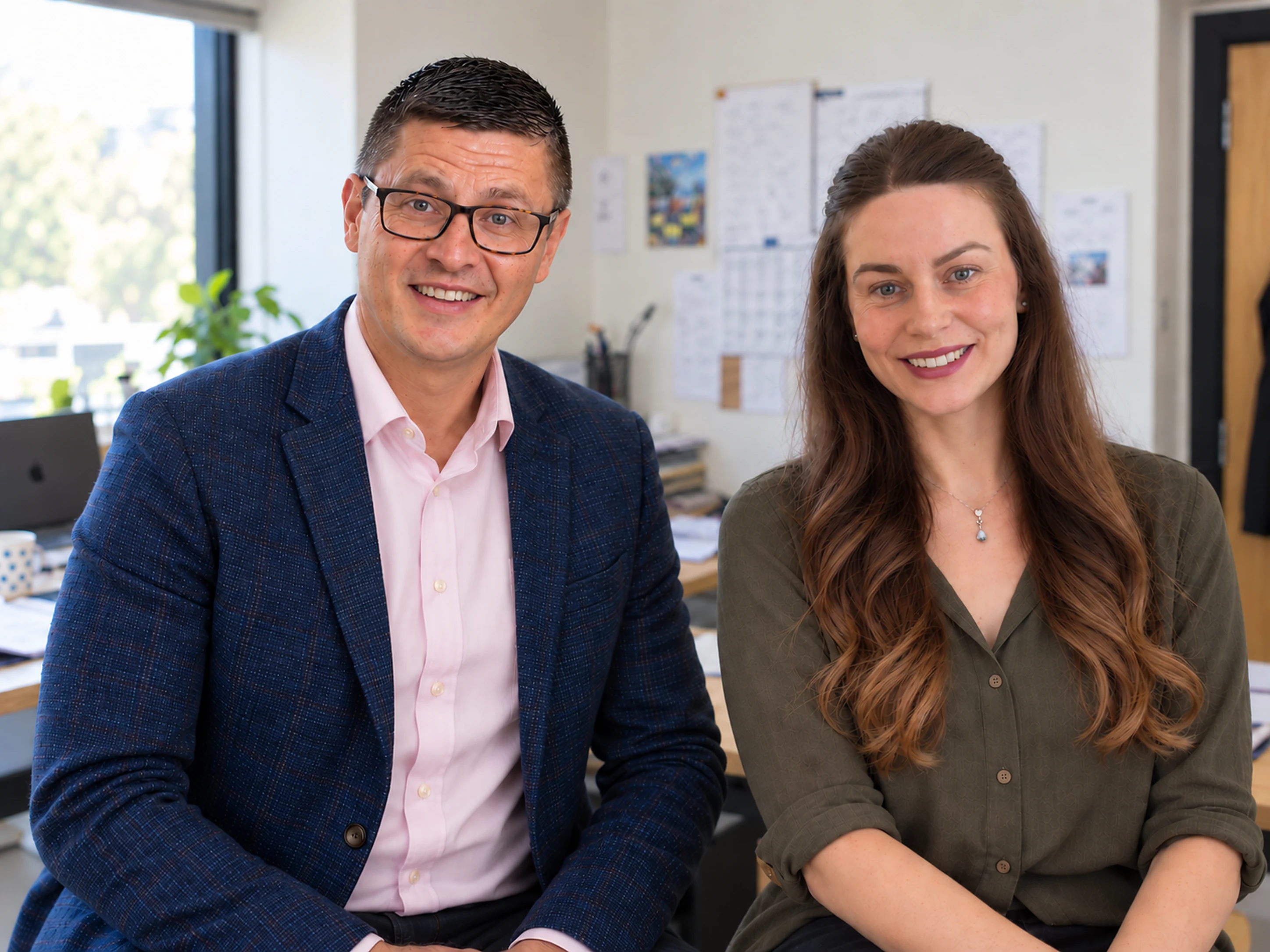 A man in a blue plaid blazer and pink shirt sitting next to a woman with long brown hair wearing an olive green button-up shirt, both smiling in an office setting with a window, desk, and papers in the background.
