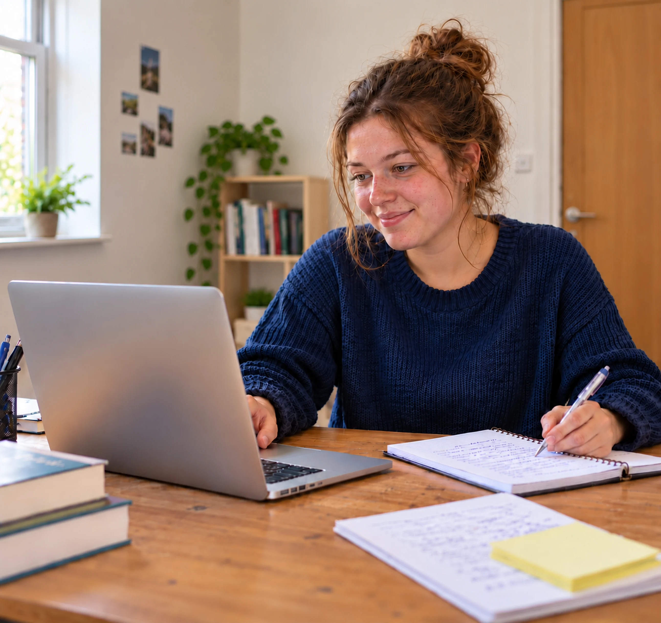 Young woman with curly hair tied up, wearing a blue sweater, sitting at a wooden table, writing notes in a notebook while looking at a laptop screen, with books and papers also on the table, in a room with a window and a bookshelf in the background.