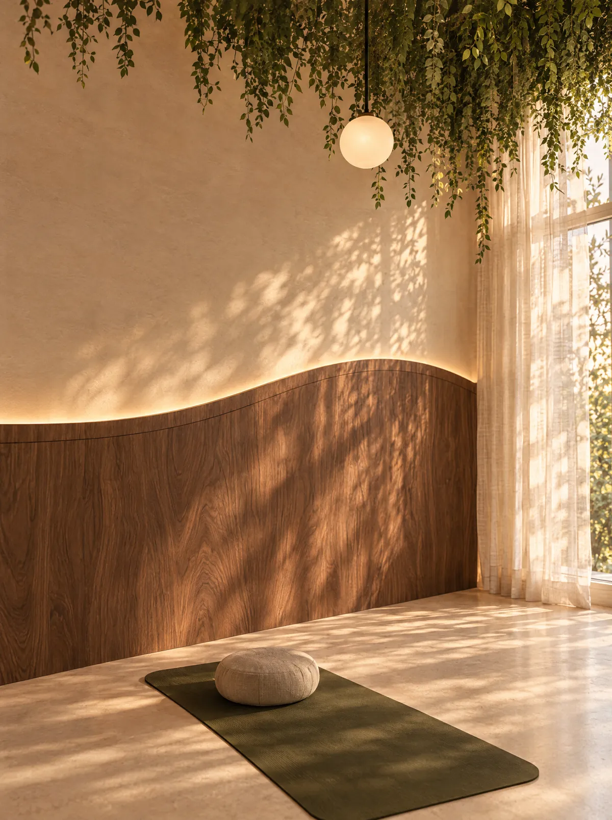 De studio met een houten golfwand en een yogamat in het zonlicht