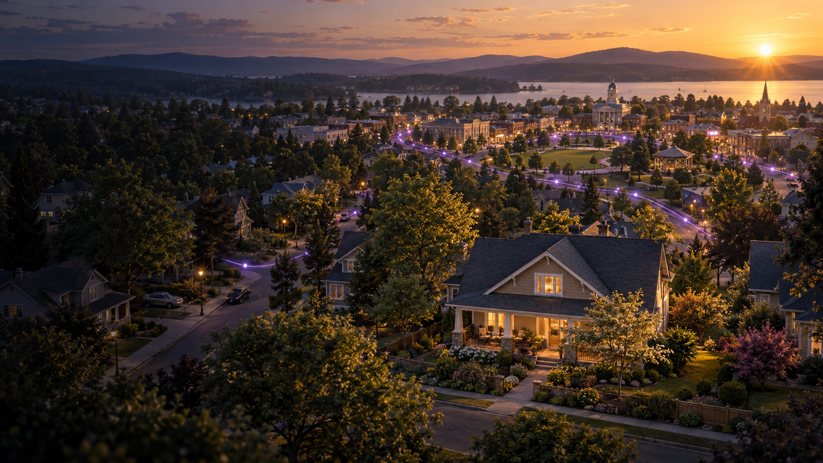A Ruxlo-connected home, neighborhood, and town at sunset