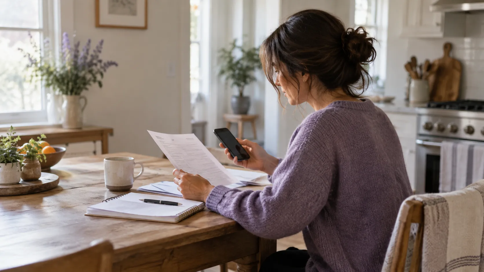 Homeowner reviewing home maintenance information with a phone