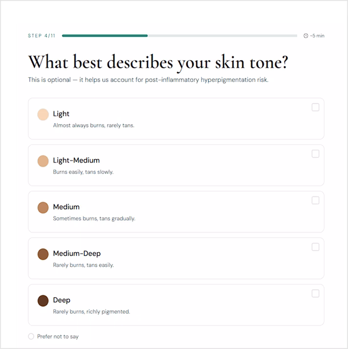 A survey question asking 'What best describes your skin tone?' with options ranging from Light with a description 'Almost always burns, rarely tans,' Light-Medium 'Burns easily, tans slowly,' Medium 'Sometimes burns, tans gradually,' Medium-Deep 'Rarely burns, tans easily,' Deep 'Rarely burns, richly pigmented,' and a choice to prefer not to say. The header shows this is step 4 of 11 and estimated time ~5 min.