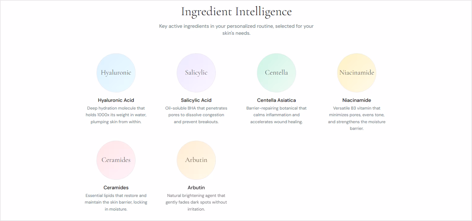 Chart titled Ingredient Intelligence showing key active skincare ingredients: Hyaluronic Acid for deep hydration and plumping skin; Salicylic Acid to dissolve congestion and prevent breakouts; Centella Asiatica to calm inflammation and heal wounds; Niacinamide to minimize pores, even tone, and strengthen moisture barrier; Ceramides to restore and lock in moisture; Arbutin to brighten and fade dark spots gently.