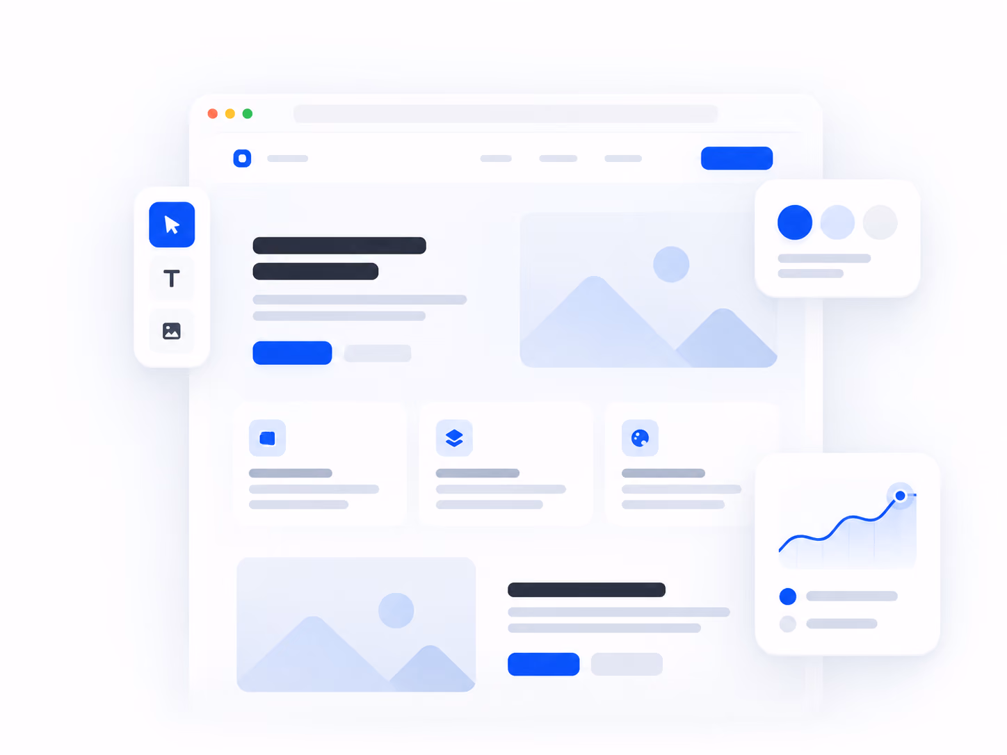 Minimalist web design interface showing a browser window with icons for selection, text, and images on the left, blue highlights, placeholders for images, text blocks, and graphical data widgets on the right.