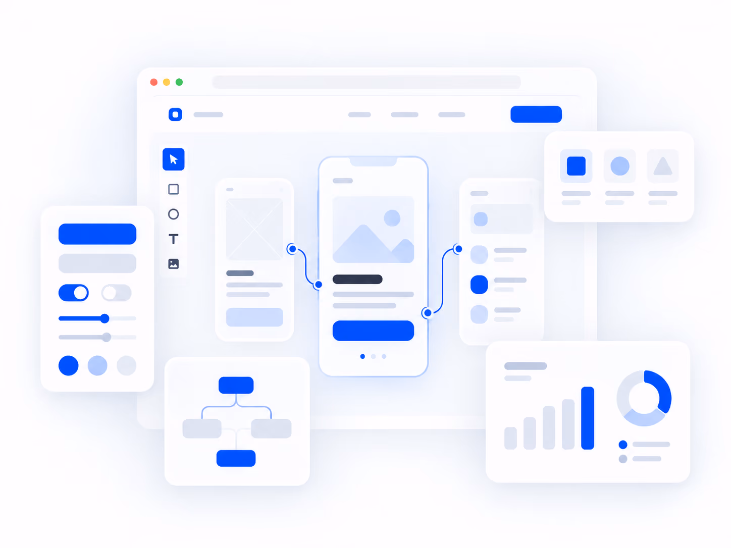 A digital product design interface showing a web layout and connected mobile screen wireframes, with icons for tools, toggles, flowcharts, and data charts in blue and gray tones.