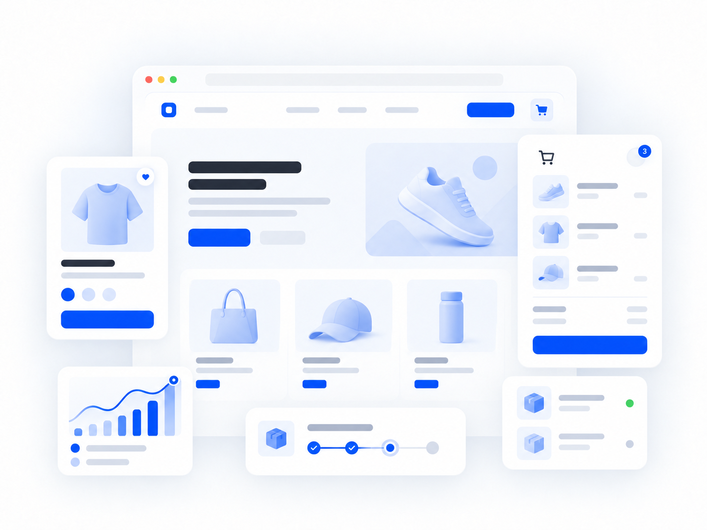 Illustration of an e-commerce website interface featuring product images including a sneaker, t-shirt, handbag, cap, and bottle. The layout shows a main product display with details and buttons, a shopping cart summary with three items, a product favoriting option, sales chart, and order tracking progress.