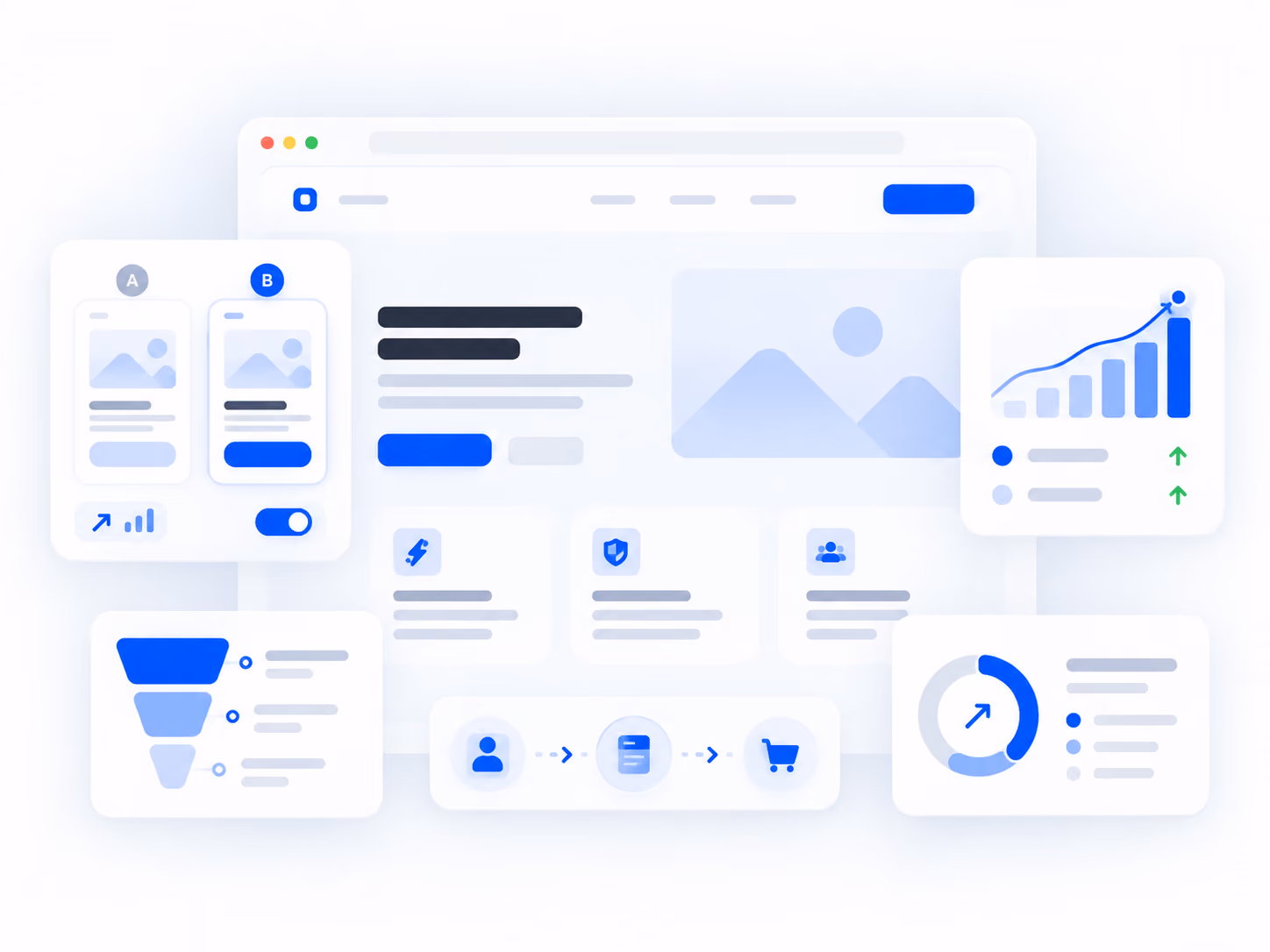 Abstract digital dashboard illustration featuring data visualizations including user flow icons, bar and pie charts, a funnel diagram, and a browser window with content and navigation elements in blue and grey tones.