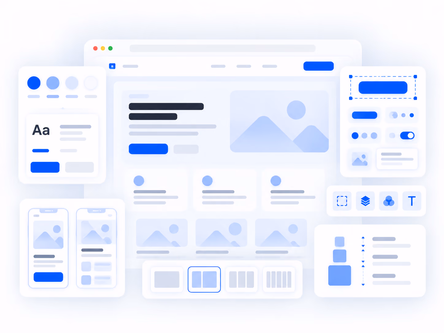 Abstract digital illustration of a user interface design workspace showing multiple panels with text blocks, images, buttons, and layout options in blue and gray tones.