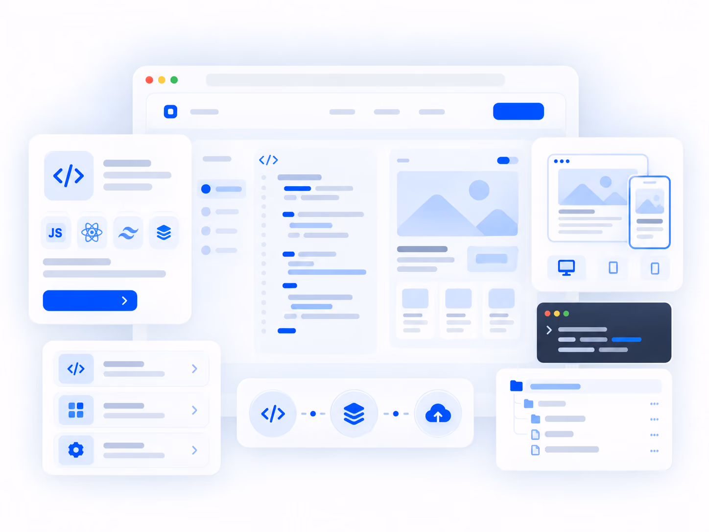 Illustration of a web development interface showing a central browser window with code snippets, image placeholders, and various UI panels including icons for JavaScript, React, Tailwind CSS, Buffer, and file folder structure.
