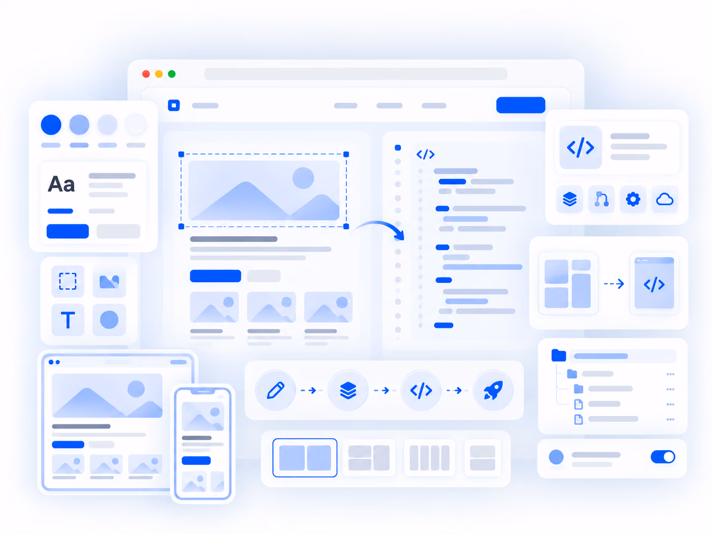 Illustration of a web design and development interface showing layout editing, coding panels, text and image placeholders, responsive design on desktop and mobile, and various tool icons for coding and design adjustments.