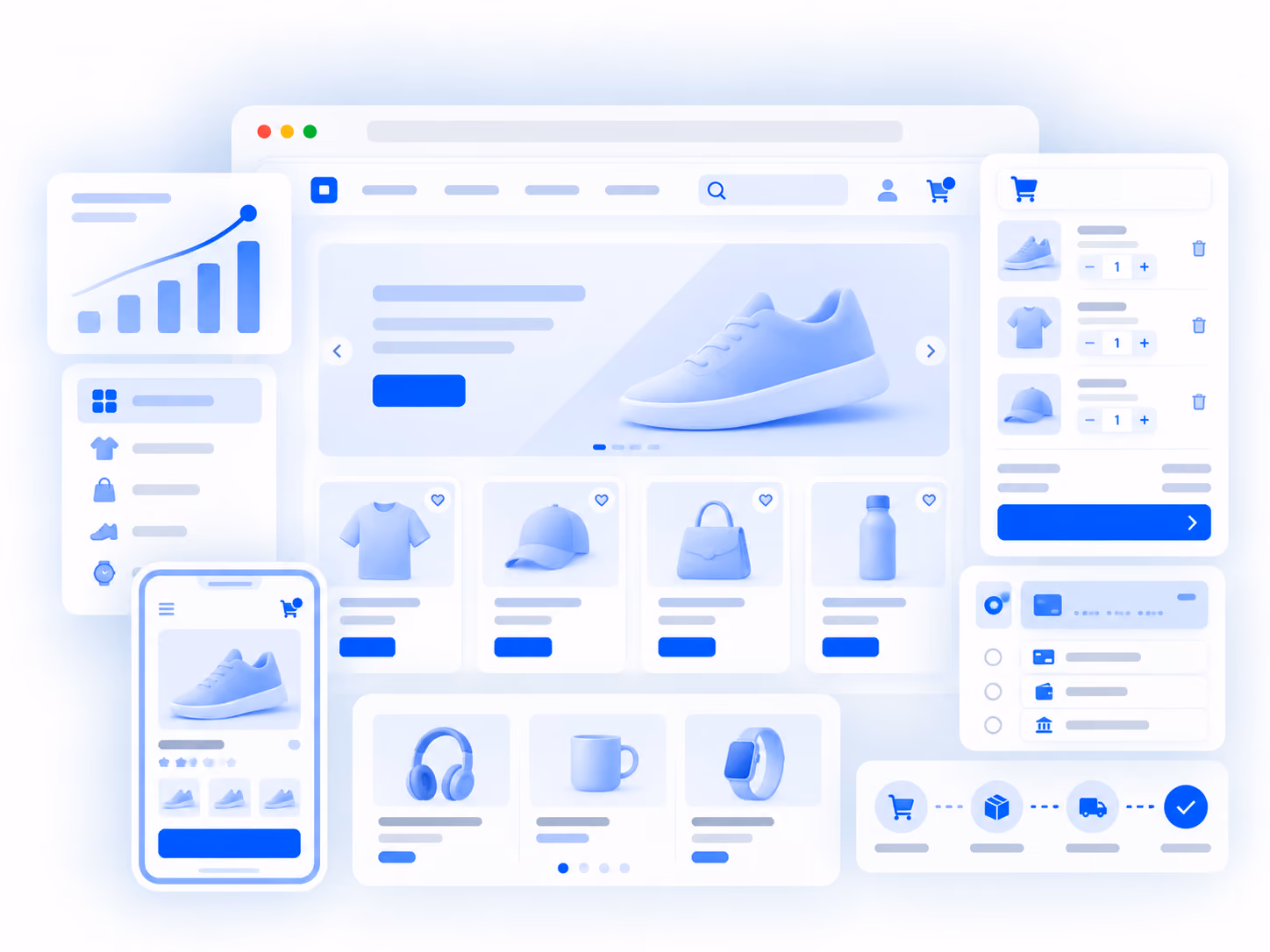 Illustration of a digital e-commerce interface showing product listings including shoes, a t-shirt, cap, handbag, water bottle, headphones, mug, and smartwatch with shopping cart and checkout elements across desktop and mobile screens.