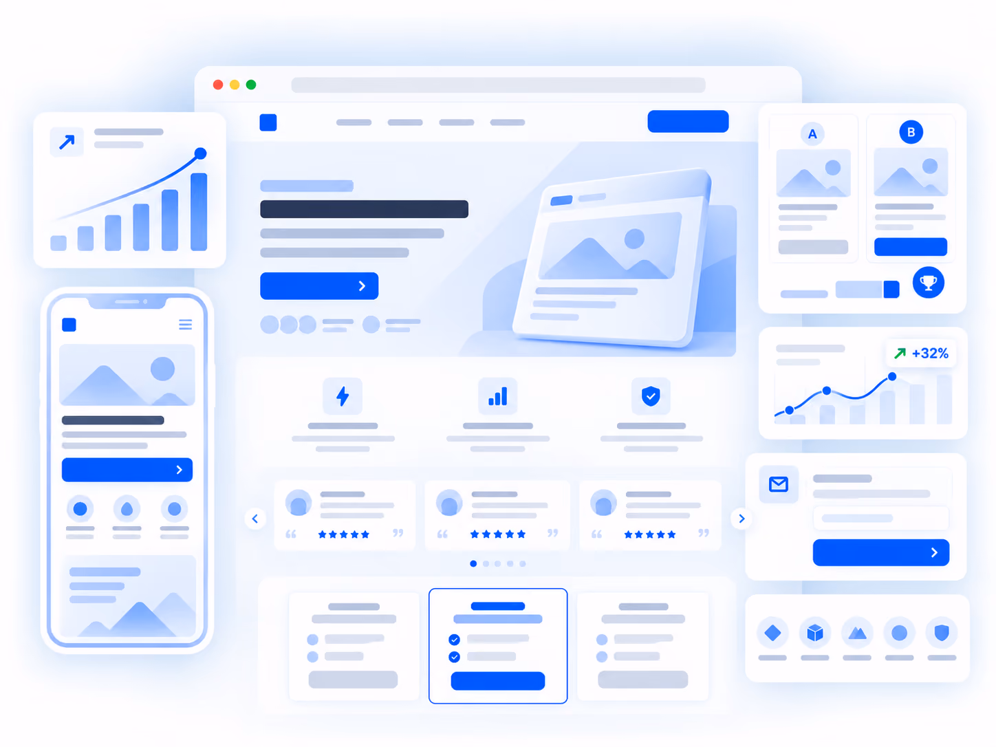 Illustration of a digital workspace with a central webpage displaying content blocks, flanked by data charts showing growth, mobile device mockup, comparison cards labeled A and B, user reviews with star ratings, icon-based features, and a messaging panel, all in blue and white tones.