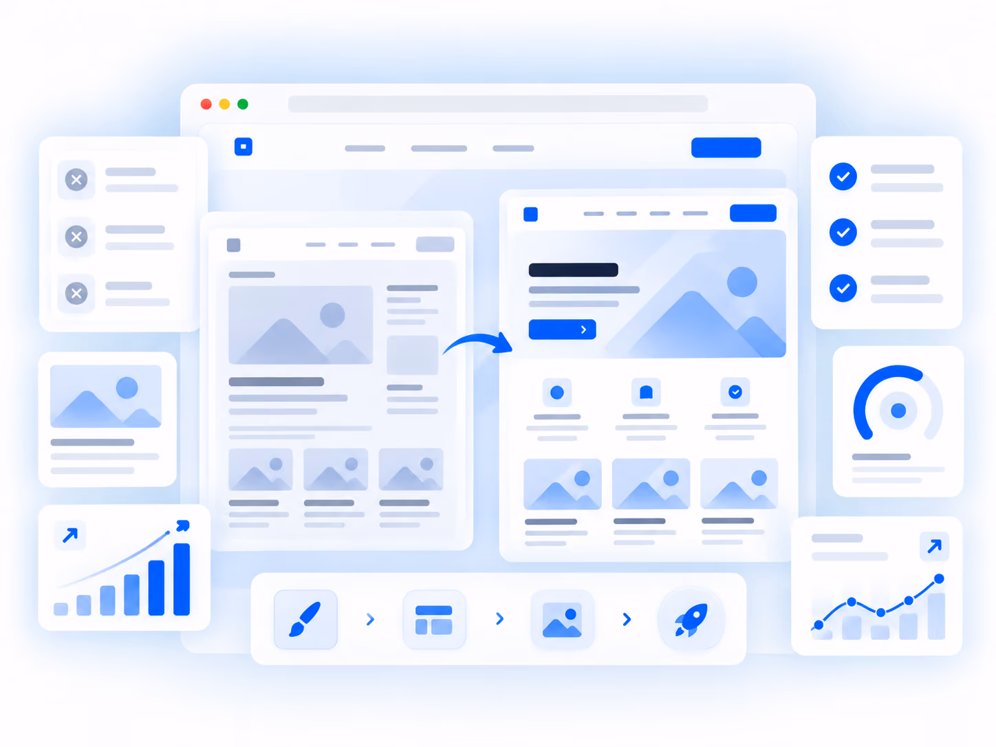 Illustration of two overlapping website design mockups with an arrow pointing from the left to the right mockup, surrounded by icons and charts representing website redesign elements and performance metrics.