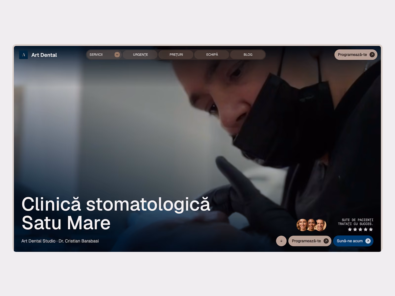 Close-up of a dental professional wearing a black mask and gloves examining a patient, with overlaid text in Romanian indicating Art Dental Clinic in Satu Mare and a navigation menu at the top.