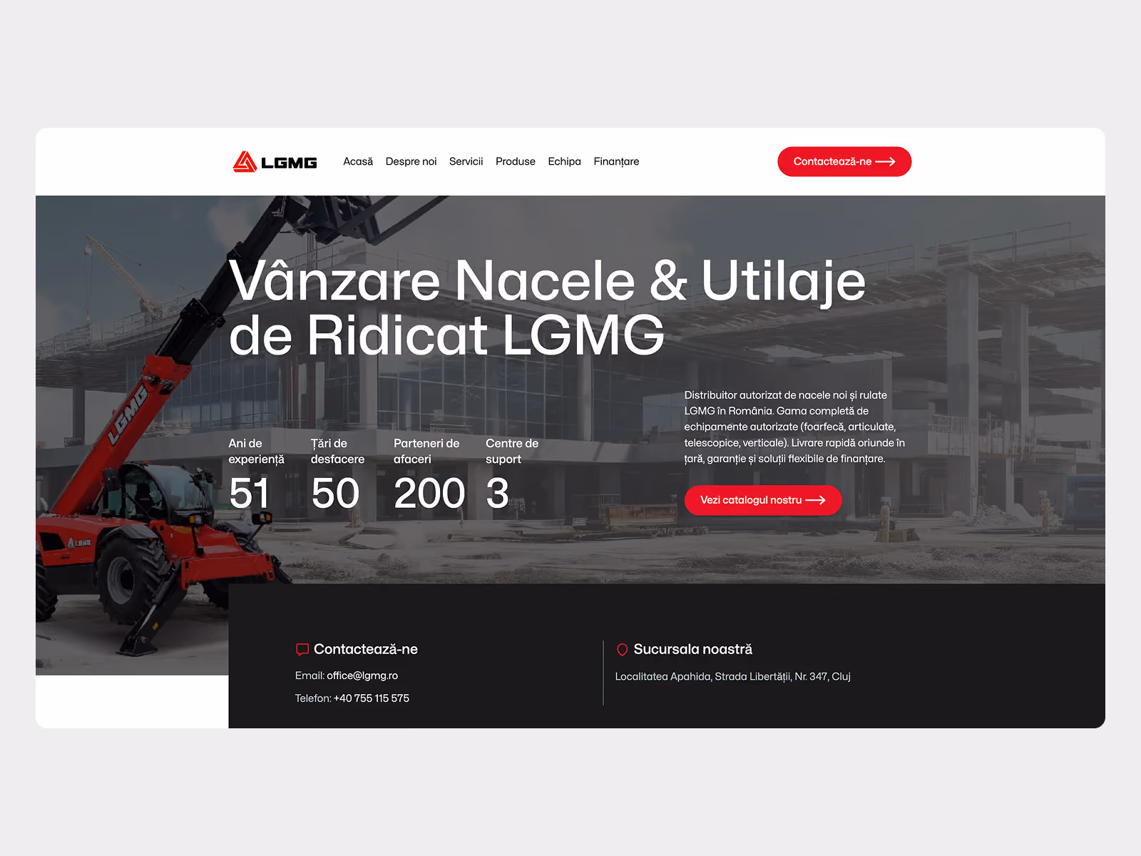 Website header for LGMG showing a red lifting machine on the left and white text over a dark transparent background stating 'Vânzare Nacele & Utilaje de Ridicat LGMG' with company experience stats: 51 years, 50 countries, 200 business partners, 3 support centers. It includes contact info with email and phone, location in Apahida, Cluj, and buttons for contact and catalog.