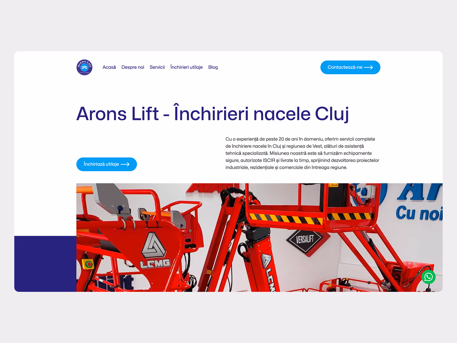 Website homepage for Arons Lift featuring red industrial lifts, with a navigation menu and a call-to-action button for equipment rental in Cluj.