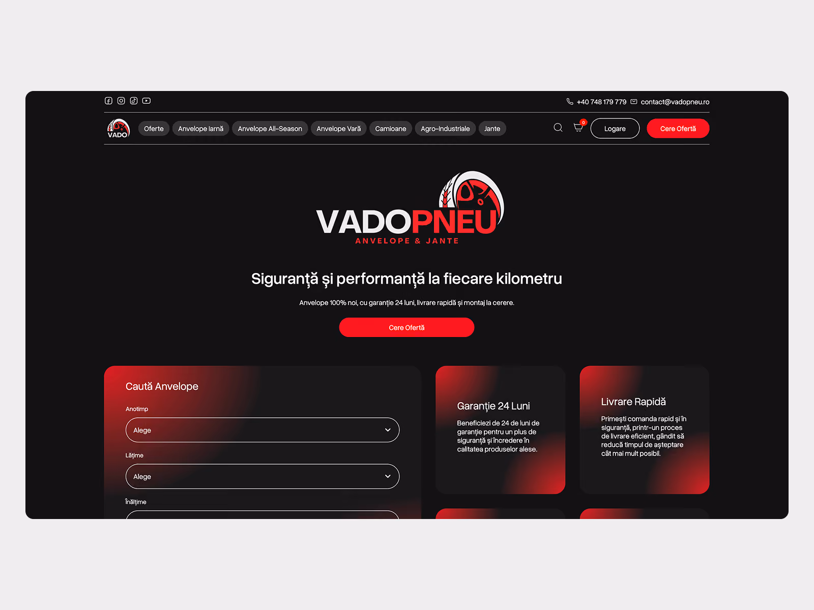 Website homepage of Vadopneu featuring a black background with red and white accents, displaying the company logo and tagline about safety and performance for every kilometer. Navigation menu includes options for tires by season, type, trucks, industrial, and rims. The page highlights 24-month warranty and fast delivery with a search form to select tire type, width, and height. Contact info and buttons for login and request a quote are at the top.