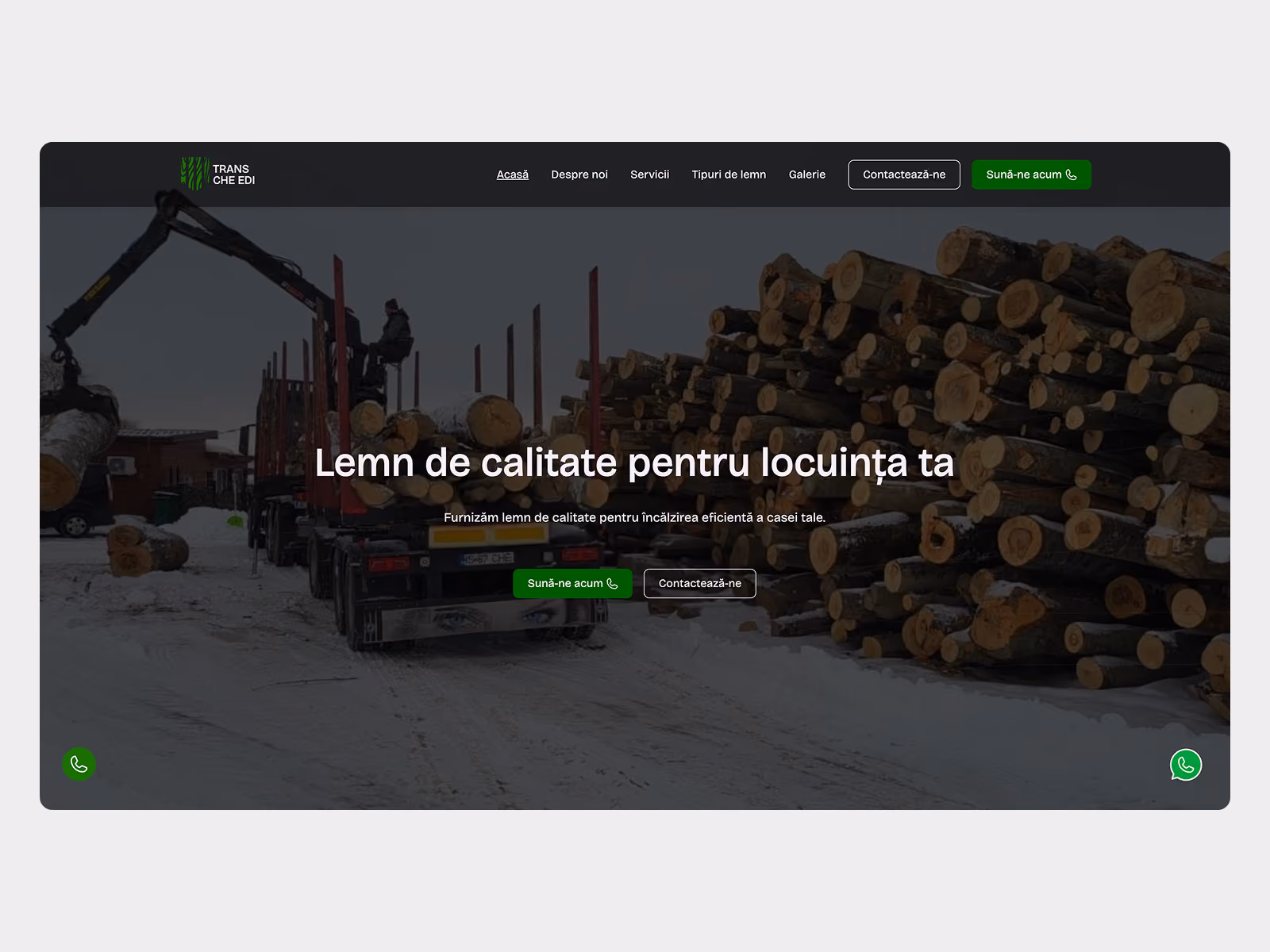Snow-covered outdoor scene with a large pile of cut logs stacked neatly on the right and a truck loaded with logs on the left, operated by a crane arm, under a dark overcast sky, with Romanian text promoting quality wood for heating homes on the webpage header and navigation menu.
