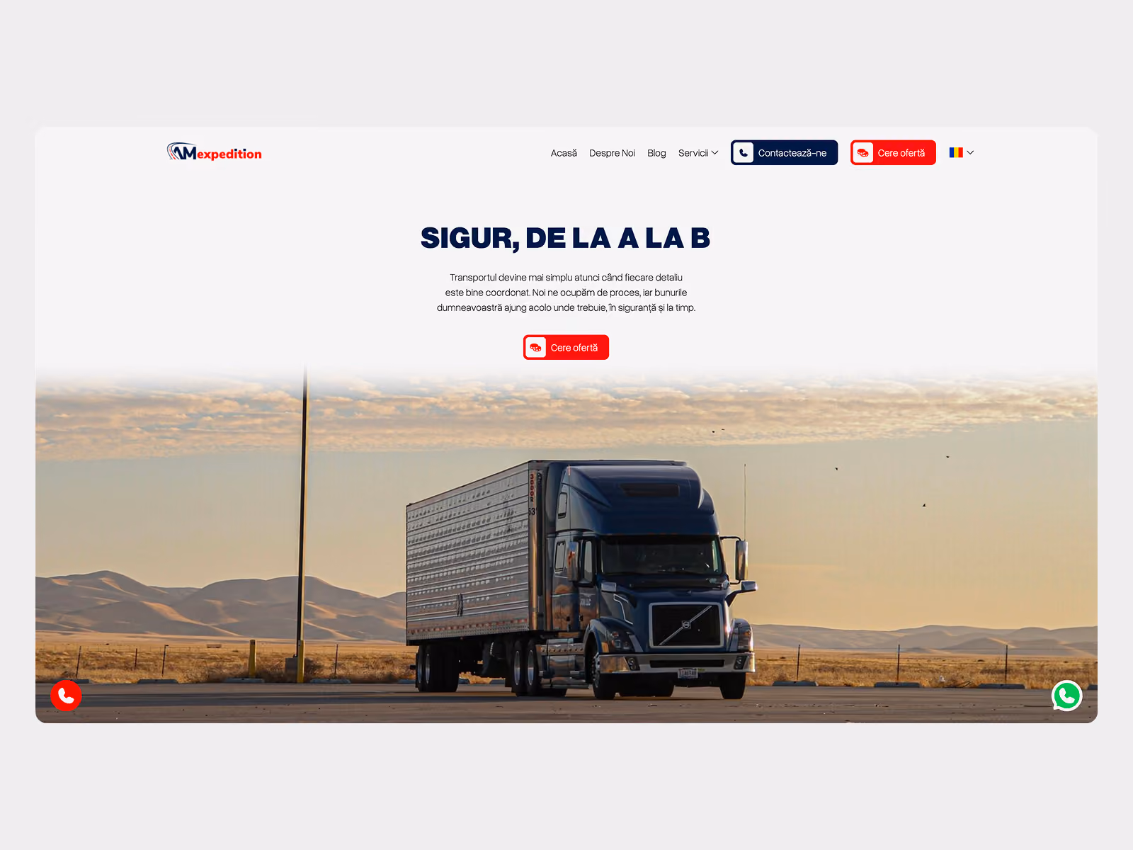 Website homepage showing a large dark semi-truck parked on a road with a scenic backdrop of mountains and a cloudy sky during sunset, with Romanian text about secure transport and offer request buttons.