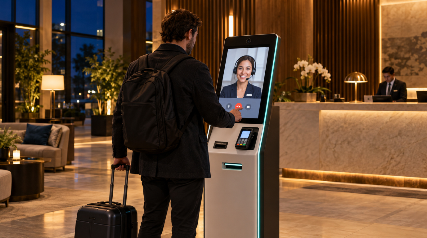 Guest with luggage using a hotel check-in kiosk to speak with a live remote agent in a warmly lit lobby at night.