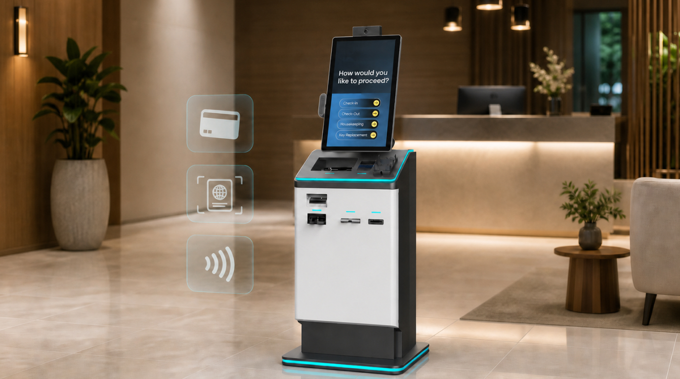 Kiotel self-check-in kiosk for hotel guest arrivals