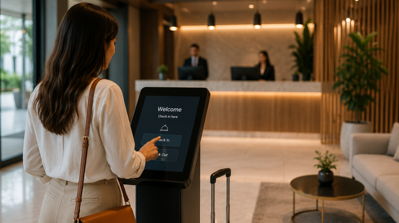 Hotel guest using a virtual hotel receptionist and self-service check-in kiosk in a modern hotel lobby
