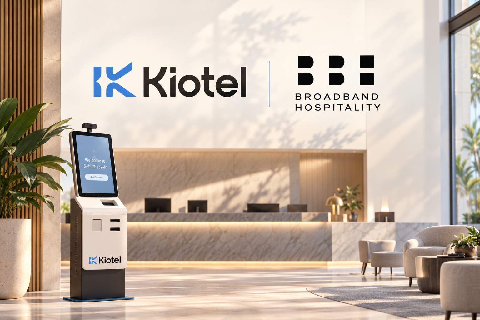 Kiotel self-check-in kiosk in a hotel lobby beneath Kiotel and Broadband Hospitality logos.