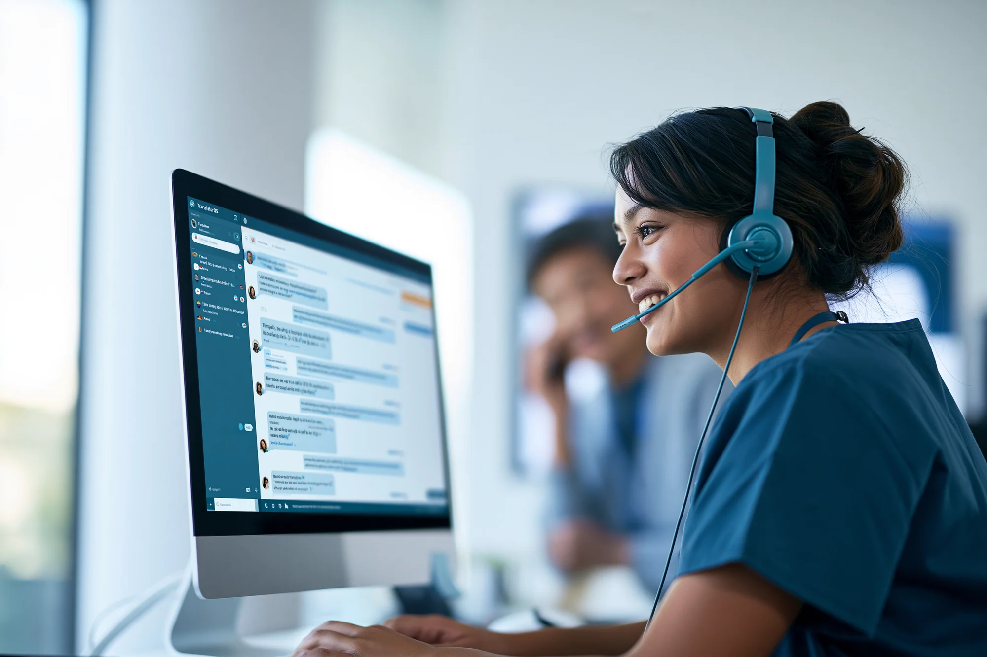 Smiling customer service agent wearing a headset, working at a monitor that shows a TranslateOS live transcript