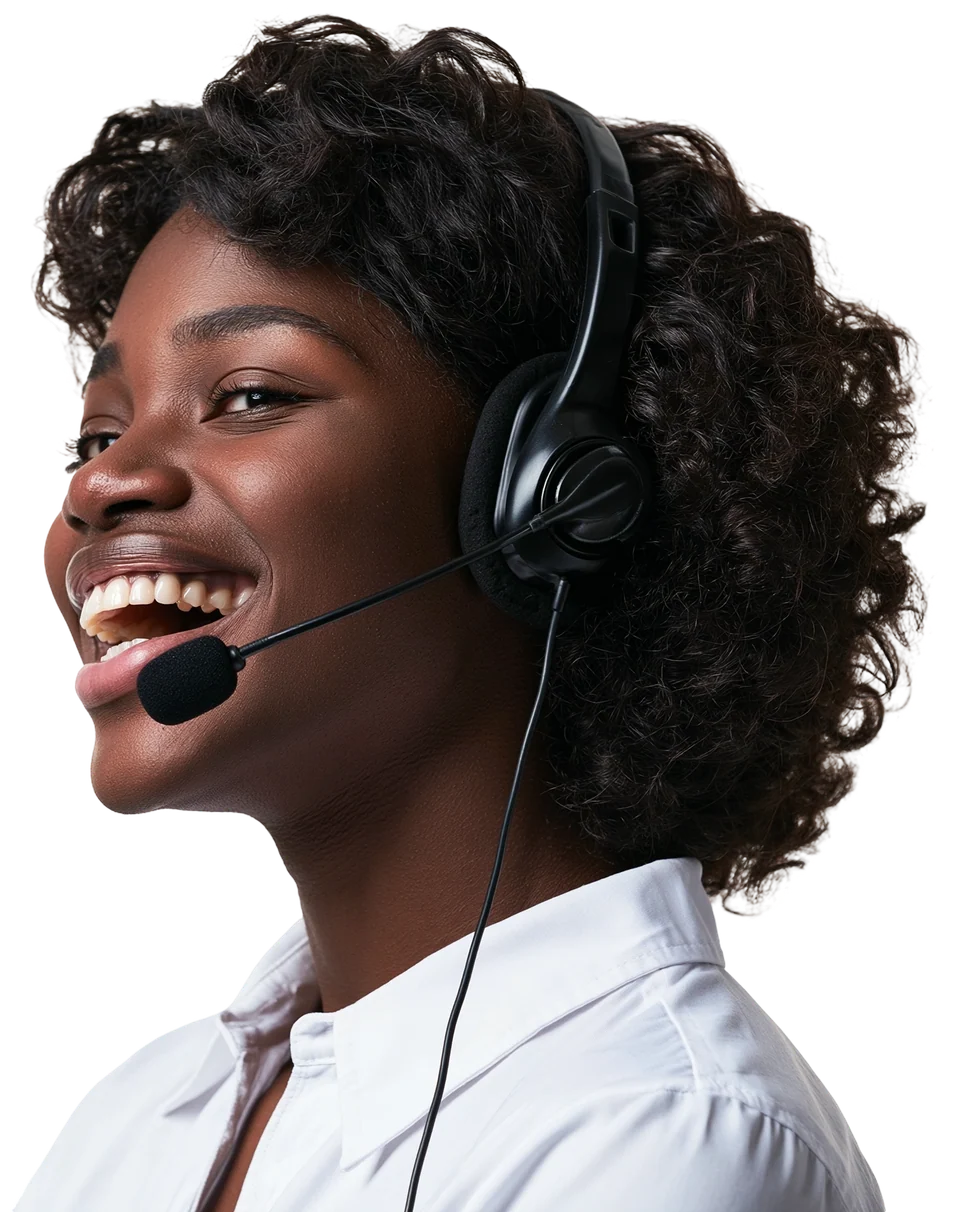 Laughing customer service agent wearing a headset