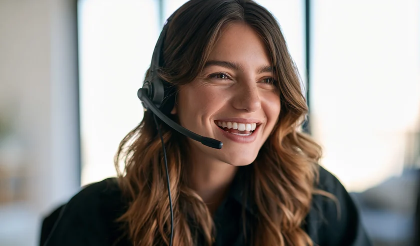 Smiling contact center agent wearing a headset