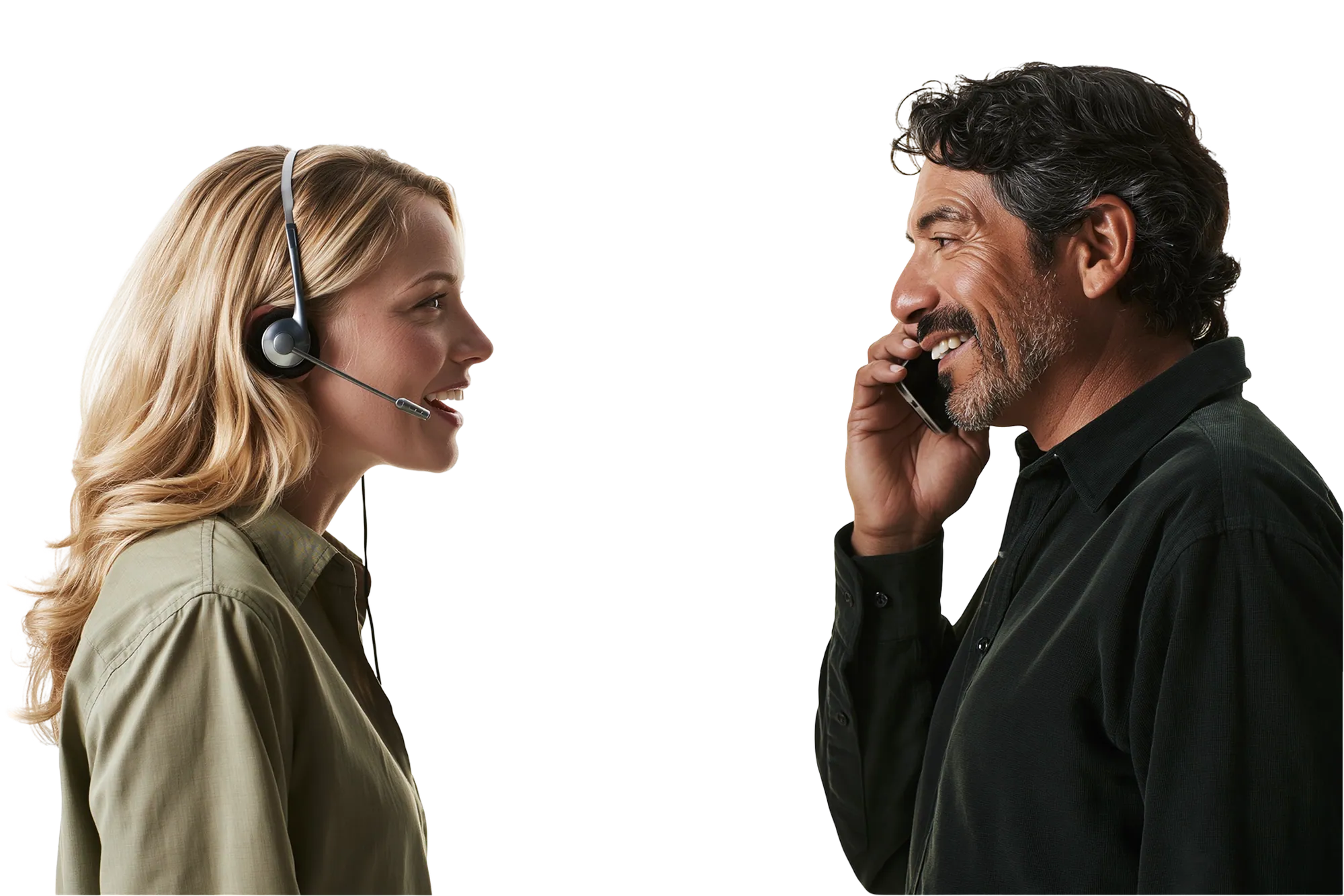 Customer service agent wearing a headset, smiling as she speaks