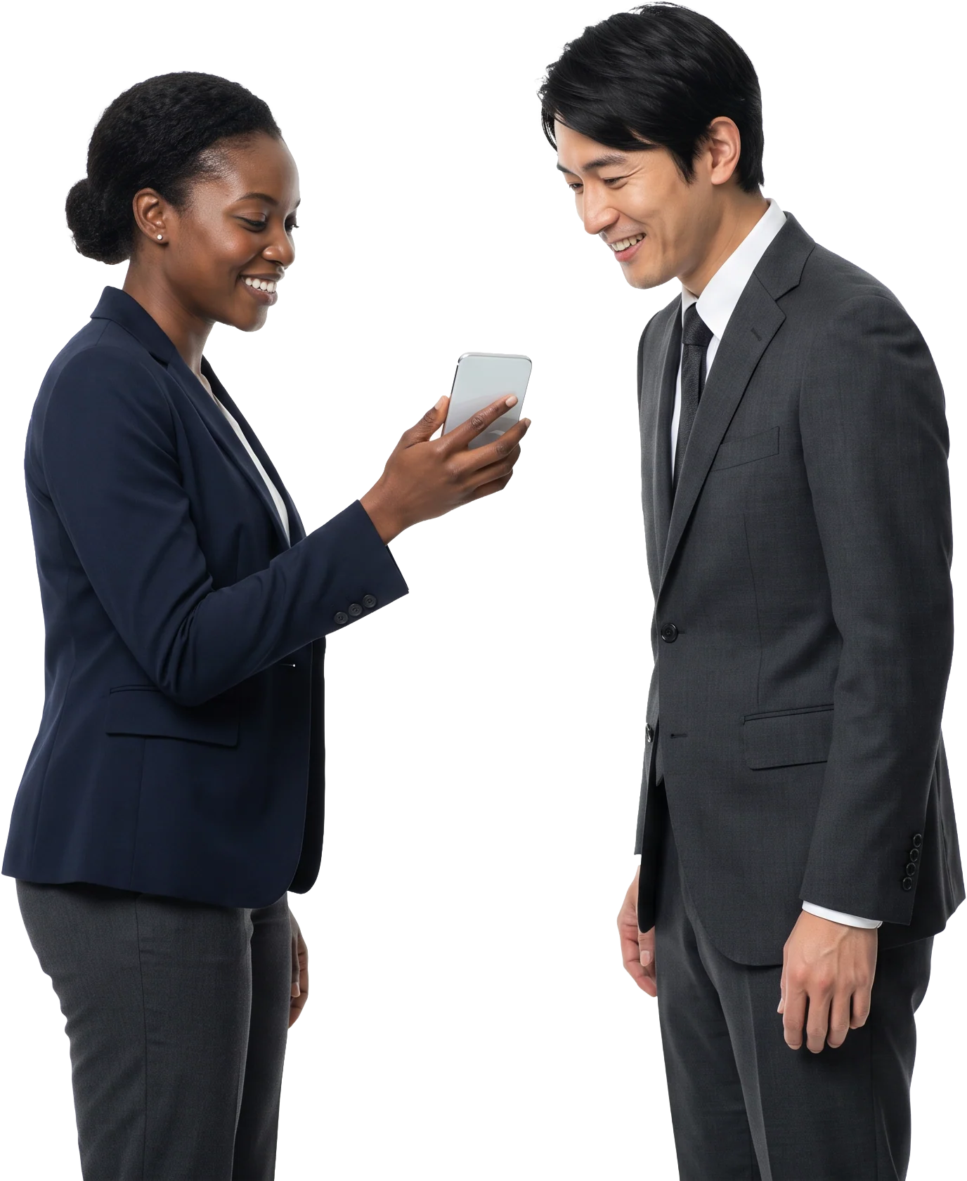 Businesswoman showing a colleague something on her phone while they both smile