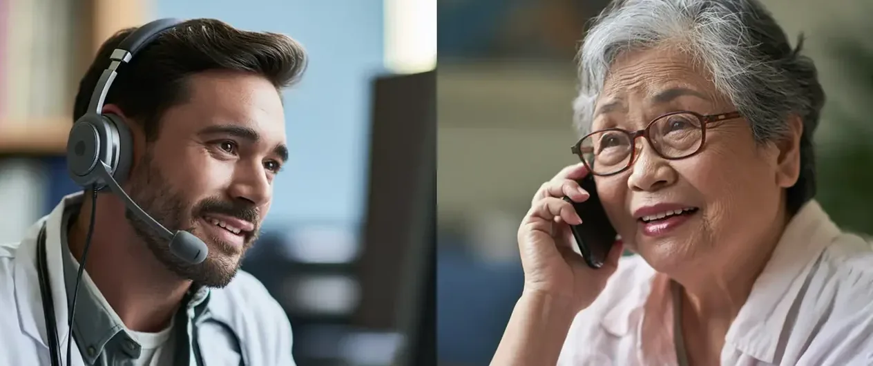 Healthcare interpreter wearing a headset beside an older woman talking on her phone