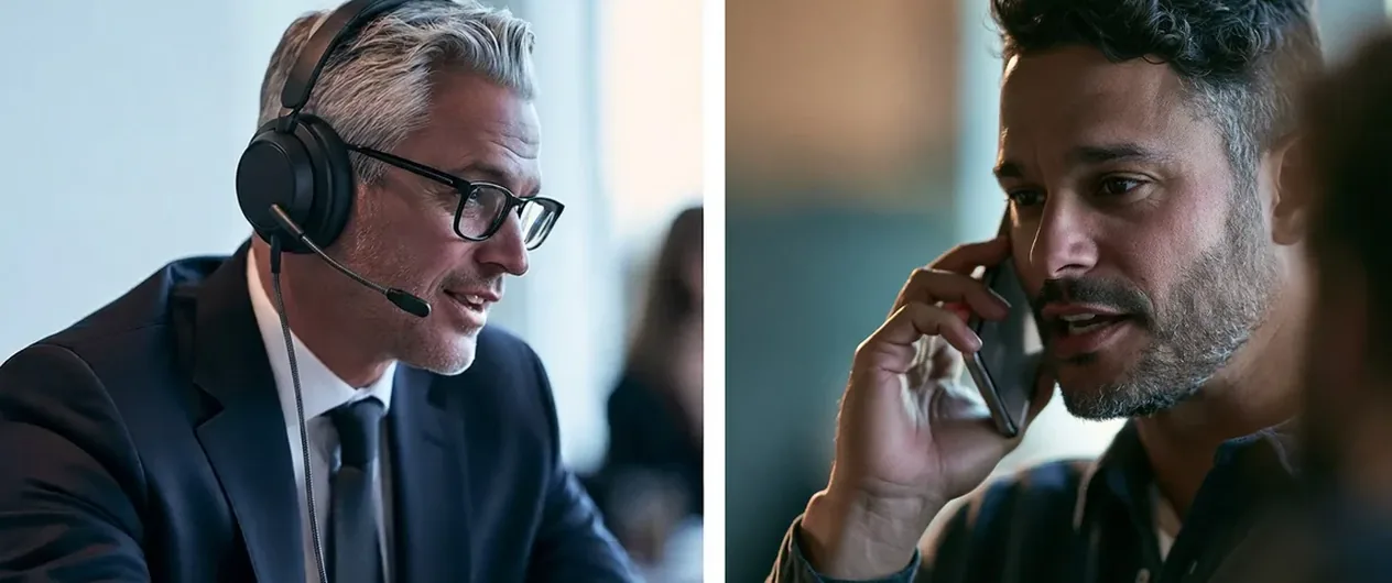 Legal interpreter wearing a headset beside a client talking on his phone
