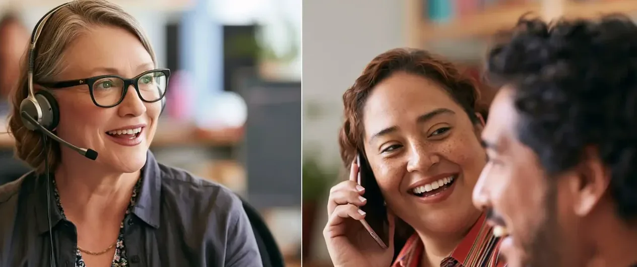 School staff member wearing a headset beside a parent laughing on her phone