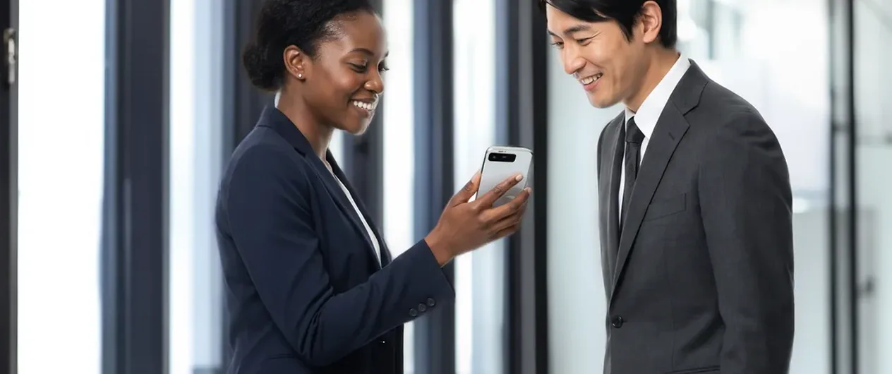 Businesswoman showing a colleague something on her phone in a bright office