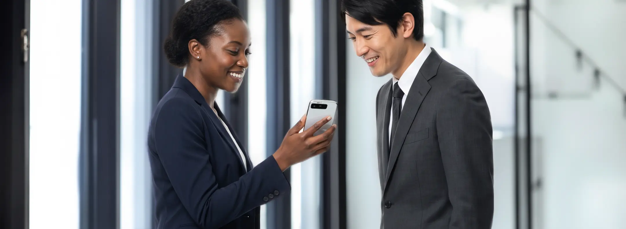 Two business professionals smiling while looking at a phone together
