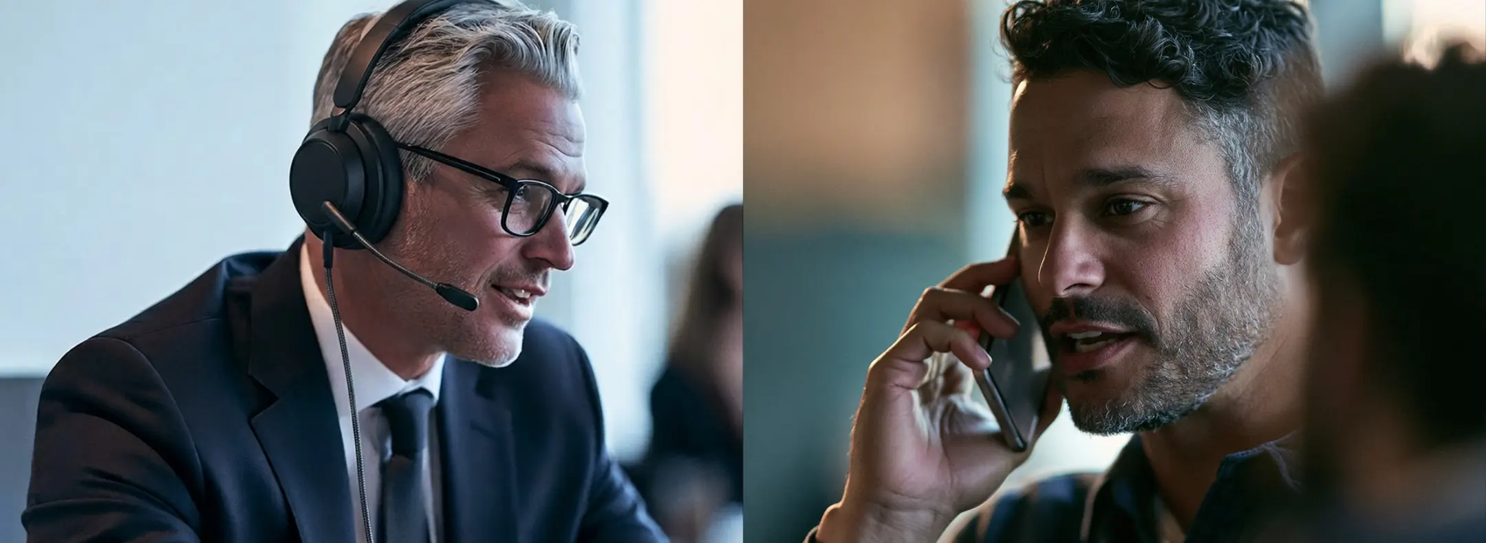 An attorney with a headset and a client on his phone, talking with each other