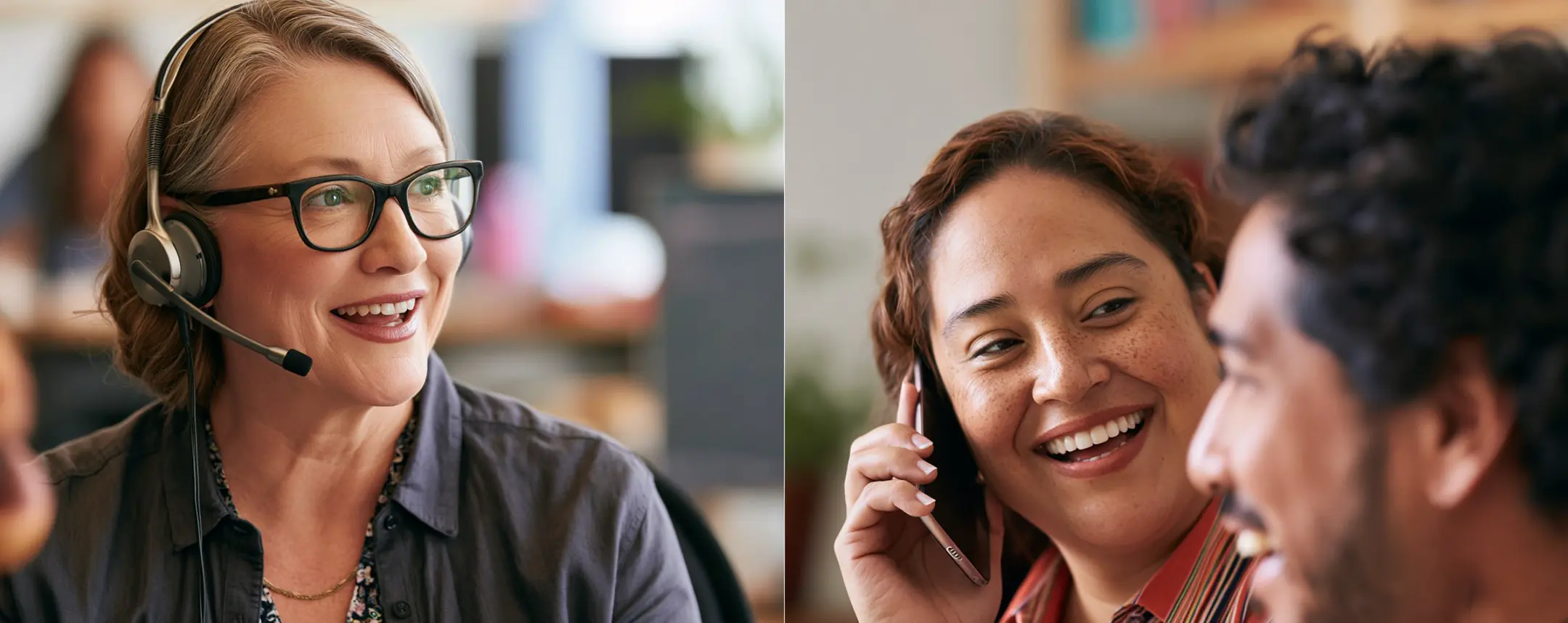 A school staff member with a headset and a smiling parent on the phone