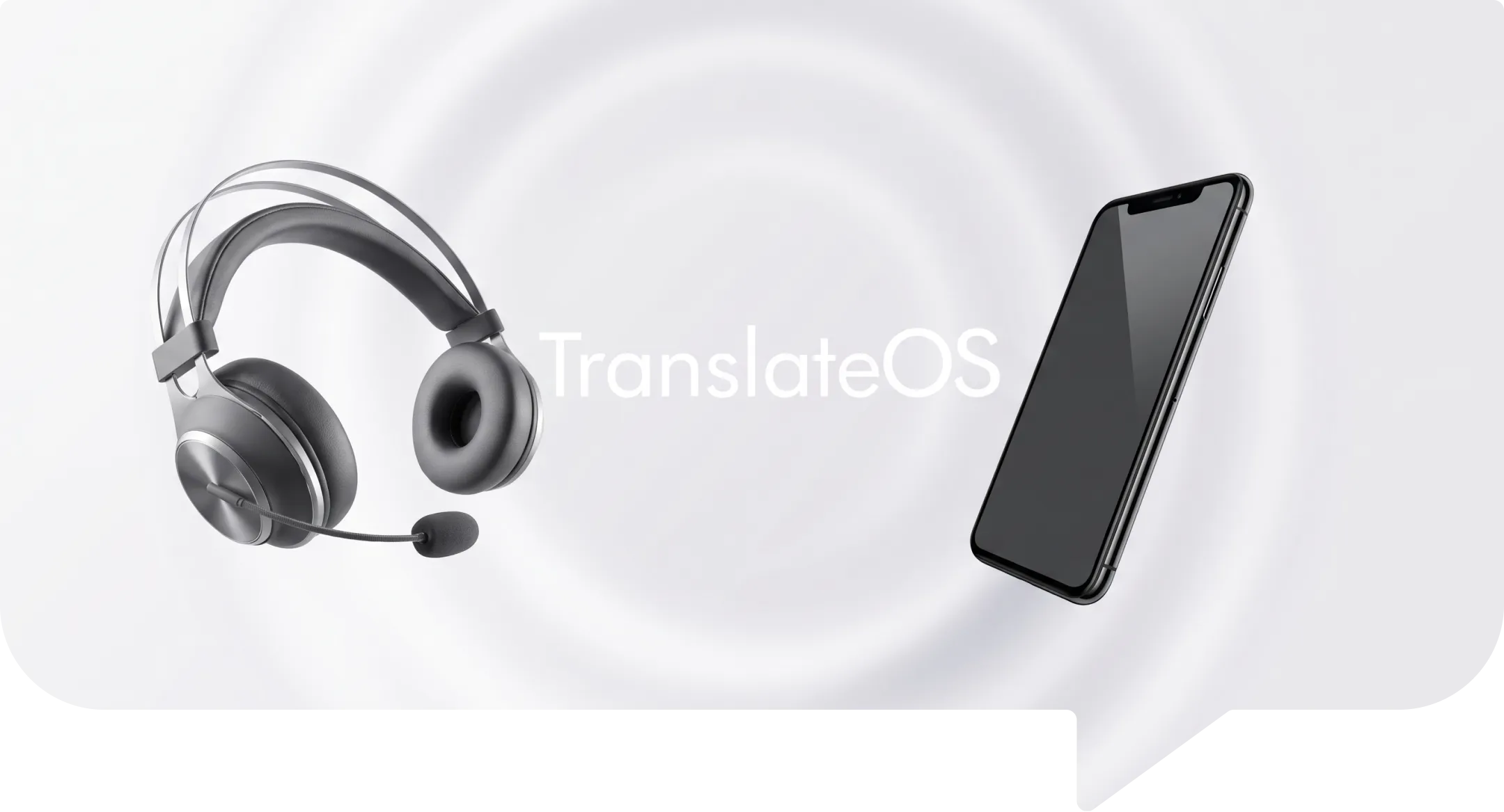 A headset and a phone above soft sound ripples, with the TranslateOS wordmark between them