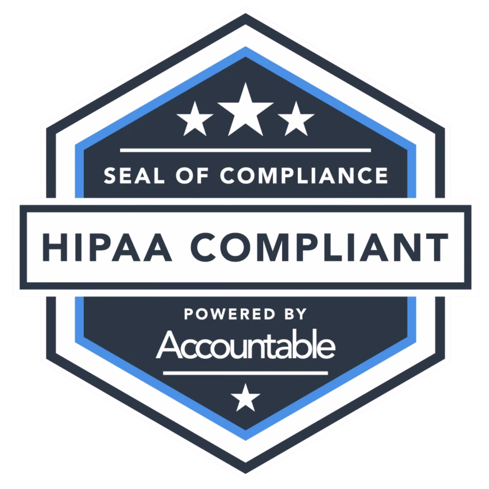 Seal of compliance badge stating HIPAA compliant powered by Accountable with decorative stars.