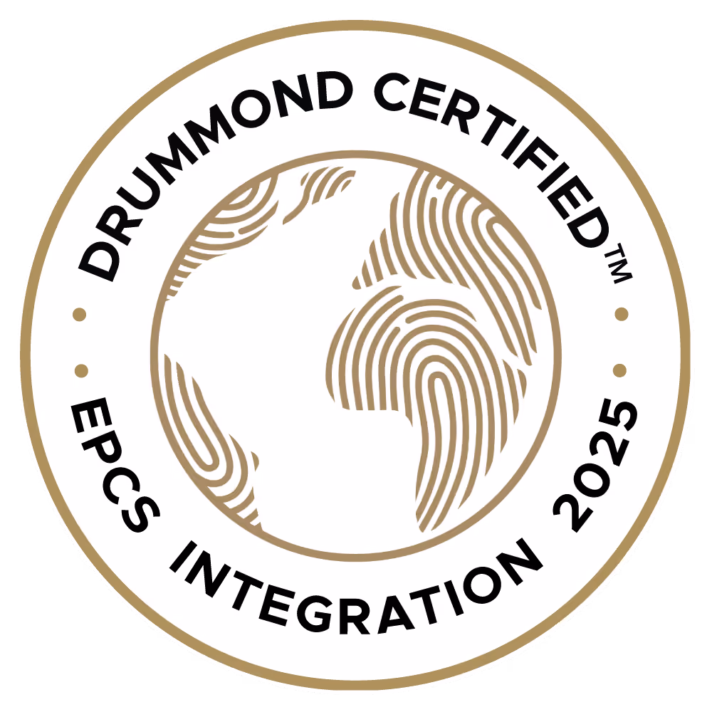 Round Drummond Certified EPCS Integration 2025 seal with stylized fingerprint globe in gold and black text.