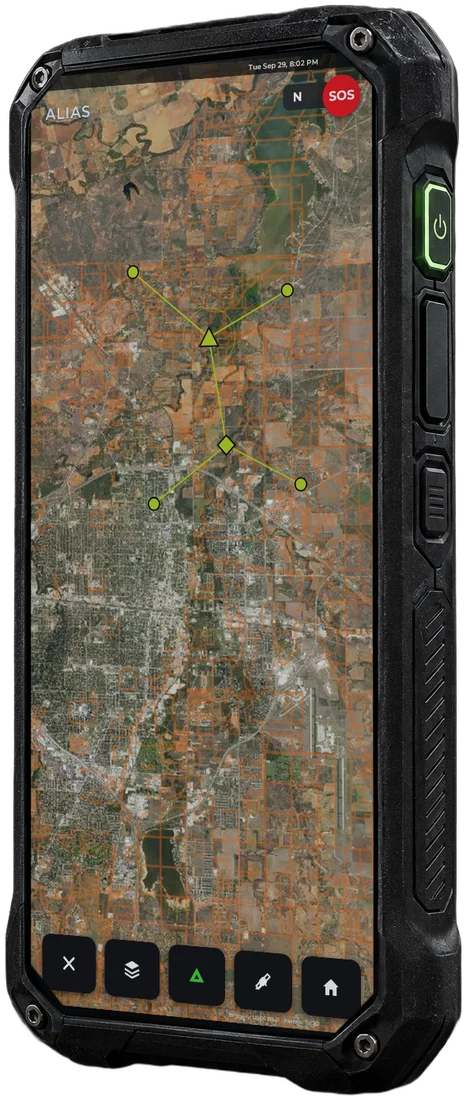 Concept render of the Alias Rogue handheld, angled, showing the map screen