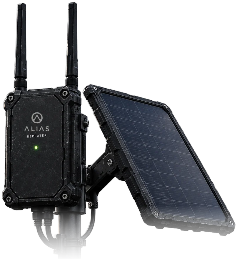 Concept render of the Alias Repeater relay, with two antennas and one status light
