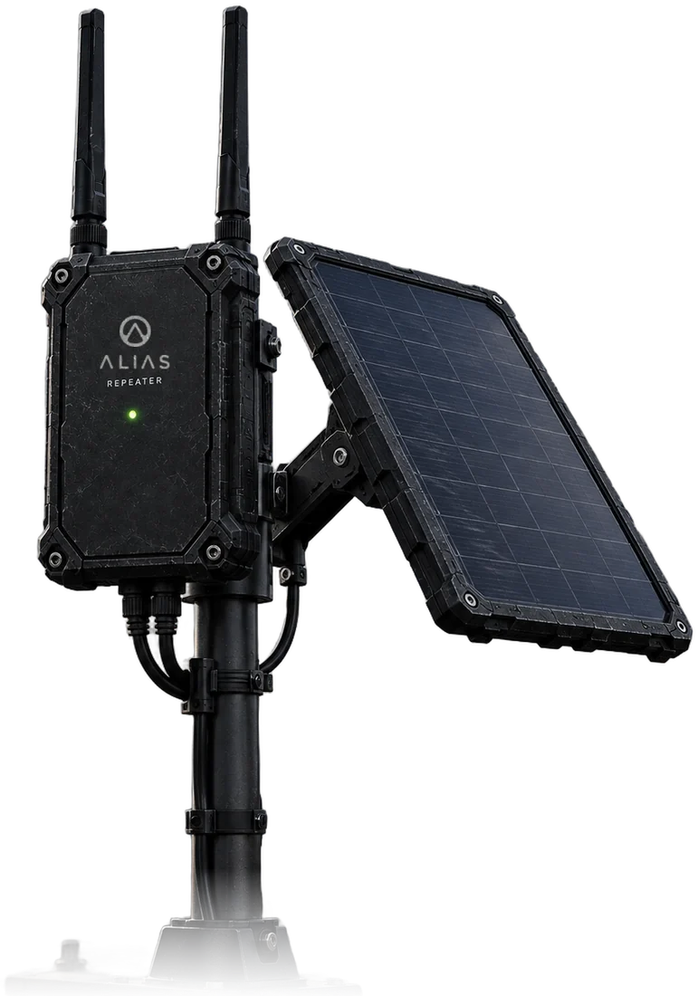 Concept render of the Alias Repeater on a pole, with its separate solar panel connected by a cable