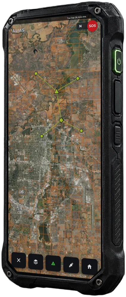 Concept render of the Alias Rogue handheld, showing an offline topo map on its screen