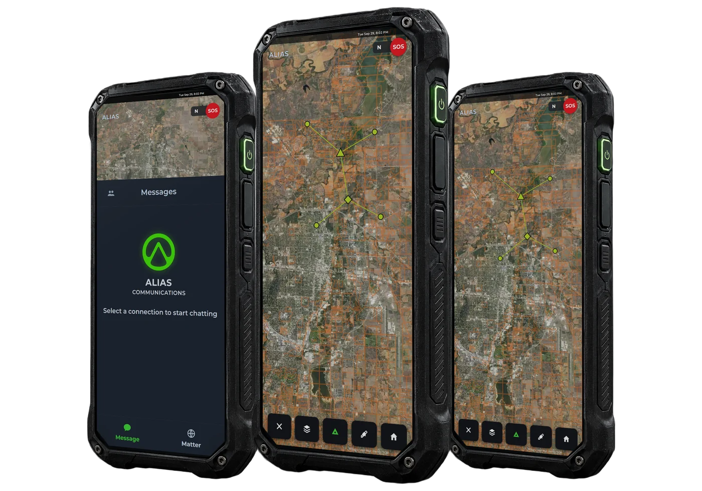 Concept render of three Alias Rogue handhelds, two showing a shared team map and one showing messages