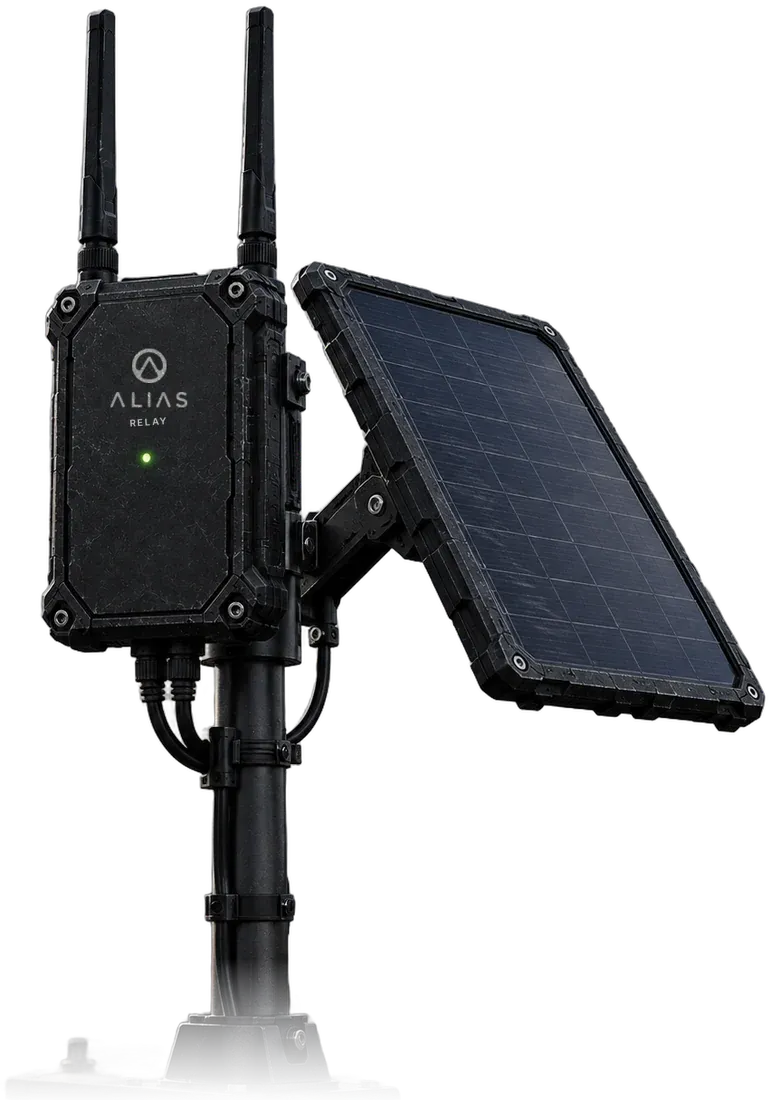 Concept render of the Alias Relay on a pole, with its separate solar panel connected by a cable