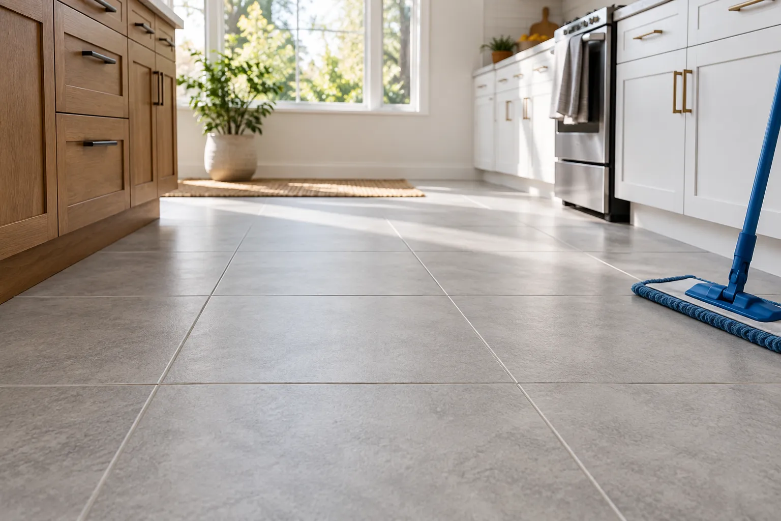 AI-generated illustration of a tiled kitchen floor and microfiber mop
