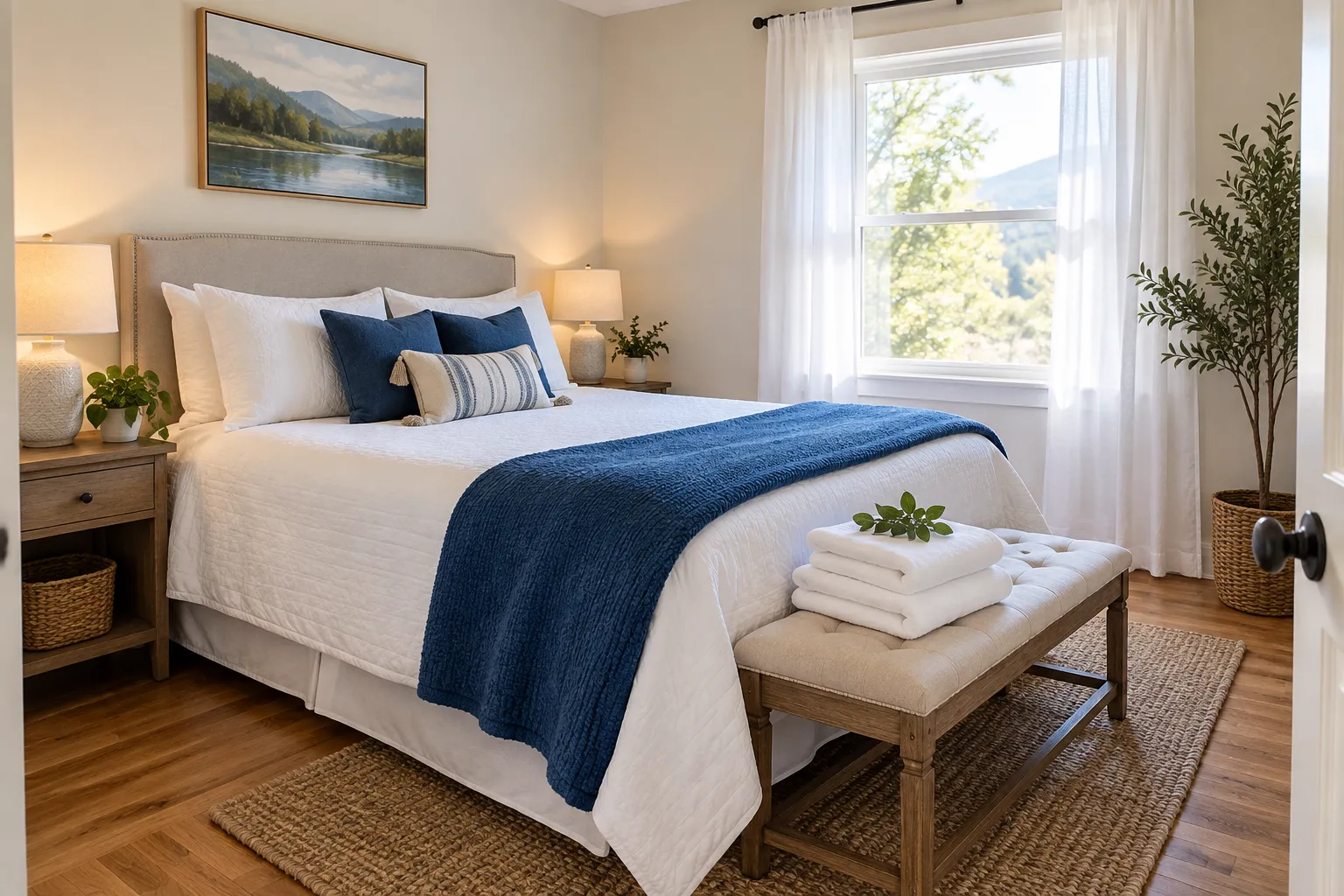 AI-generated illustration of a guest bedroom with prepared linens